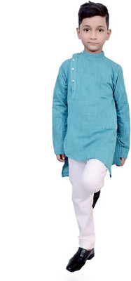 LIBSADRESSES Boys Self Design Asymmetric Kurta(Blue)