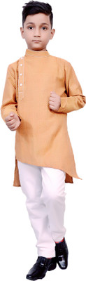 LIBSADRESSES Boys Self Design Asymmetric Kurta(Orange)