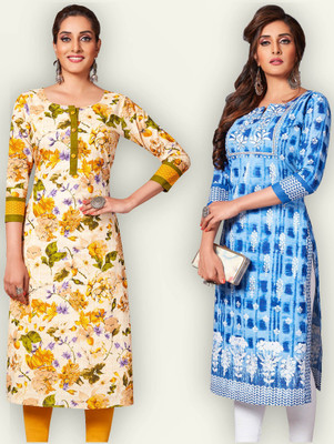 Jevi Prints Women Floral Print Straight Kurta(Blue, Beige)