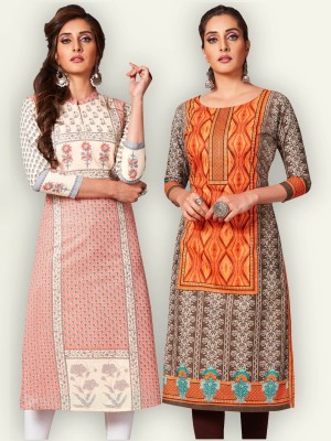 Jevi Prints Women Floral Print Straight Kurta(Brown, Beige)