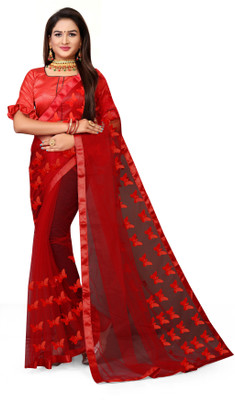 nv patel Applique Bollywood Net Saree(Red)