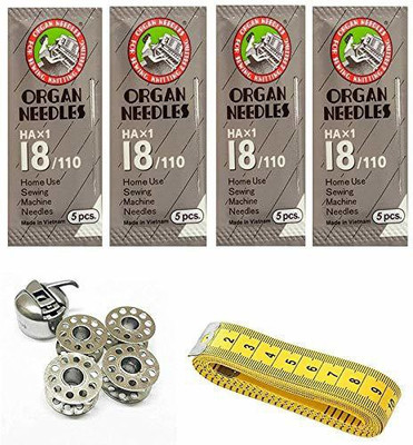 Hirday Organ Needles HA 18(4 Packof 5 Needle Each+1 TailorTape+1 Bobbin case+4 Bobbins) Sewing Kit