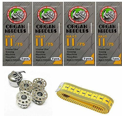Hirday Organ Needles HA 11(4 Packof 5 Needle Each+1 TailorTape+1 Bobbin case+4 Bobbins) Sewing Kit