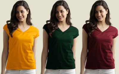 SMD Enterprise Solid Women V Neck Dark Green, Maroon, Yellow T-Shirt