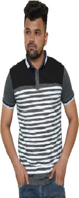 agni veena Striped Men Polo Neck Grey T-Shirt