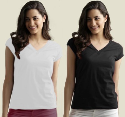 SMD Enterprise Solid Women V Neck White, Black T-Shirt