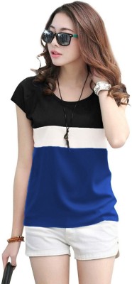 Realglimpse Colorblock Women Round Neck Blue T-Shirt