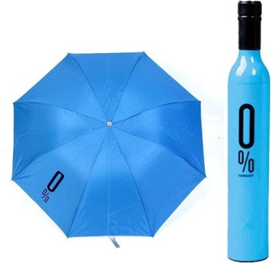 Fixoria Foldable Umbrella for UV Sun and Rain Compact And Folding Umbrella With Wine Bottle Cover Waterproof Ultra Protective UV Mini Portable Umbrellas Umbrella(Blue)