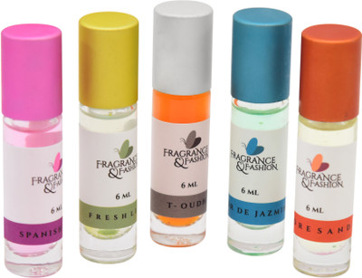 Fragrance & Fashion Set of 5 Natural Attars Of 6 Ml each Floral Attar(Woody, Motia/Jasmin, Rose, Floral, Oud (agarwood))
