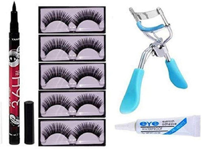 AVEU 5 PAIR EYELASH, EYELASH GLUE, EYELASH CURLER WITH 36 HRS EYELINER COMBO KIT(4 Items in the set)