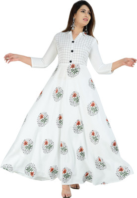 GOD DM Women Printed Anarkali Kurta(White)