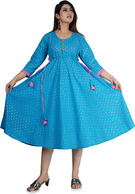 KEERRAZ Women Printed Flared Kurta(Light Blue)