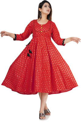 KEERRAZ Women Printed Flared Kurta(Red)