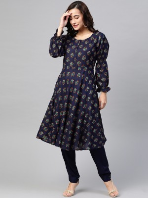 Jompers Women Floral Print Flared Kurta(Dark Blue)