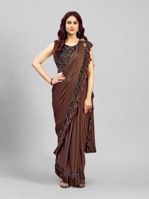 vinixmart Solid/Plain Bollywood Lycra Blend Saree(Brown)