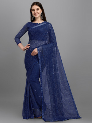 CARRYOX Self Design Bollywood Net Saree(Dark Blue)