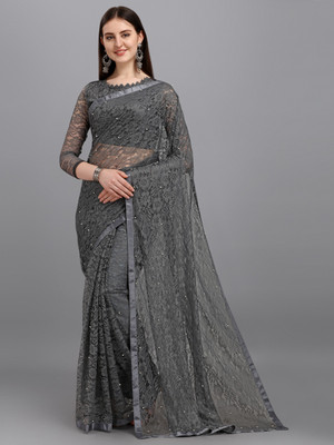 CARRYOX Self Design Bollywood Net Saree(Grey)