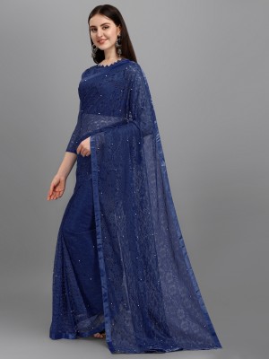 ELLAZY Self Design, Embellished Lucknow Chikankari Net Saree(Dark Blue)