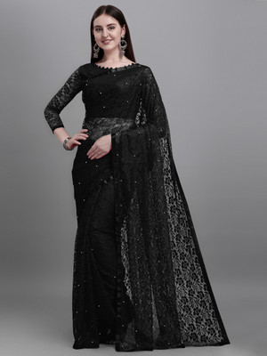 ELLAZY Self Design, Embellished Lucknow Chikankari Net Saree(Black)