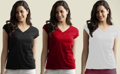 SMD Enterprise Solid Women V Neck Red, White, Black T-Shirt