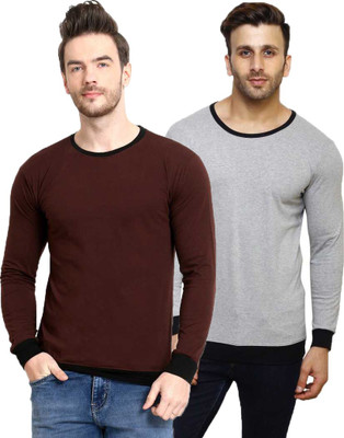 Diwazzo Solid Men Round Neck Brown, Grey T-Shirt