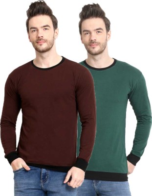 Diwazzo Solid Men Round Neck Dark Green, Brown T-Shirt