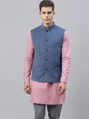Rare Rabbit Embroidered Bandhgala Festive Men Blazer(Blue)