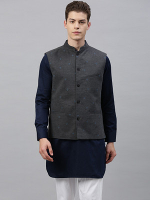 Rare Rabbit Embroidered Bandhgala Festive Men Blazer(Grey)