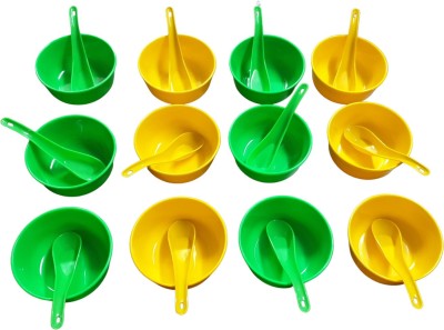 Boxette Polypropylene Soup Bowl 6 Green and 6 Yellow Bowl with 6 Spoon Green and 6 Spoon Yellow ( Pack of 24 pcs)(Pack of 24, Multicolor)