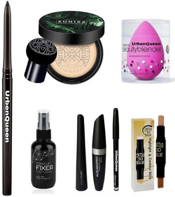 URBEN QUEEN Kajal & Face Blendar puff & Makeup Base Fixer & Dual side Contour Stick & Eyebrow Pencil Black(8 Items in the set)