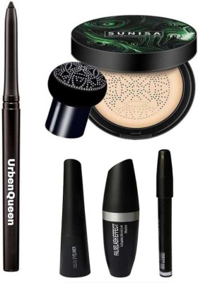 URBEN QUEEN Kajal & Eyebrow Pencil Black & Liquid EyeLiner & Mascara ( 3 in 1 ) & sunisa water beauty and air cc cream Foundation( 5 items )(5 Items in the set)