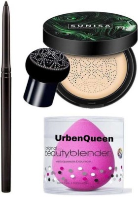 URBEN QUEEN Kajal & Face Blendar Puff & Foundation Mushroom Head Air Cushion Waterproof BB Cream Frost Concealer Oil Control Face Make up Foundation ( 3 items )(3 Items in the set)