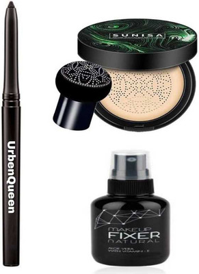 URBEN QUEEN Kajal & After Makeup Fixer & Foundation Mushroom Head Air Cushion Waterproof BB Cream Frost Concealer Oil Control Face Make up Foundation ( 3 items )(3 Items in the set)