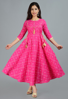 LABULY Women Printed Flared Kurta(Pink)