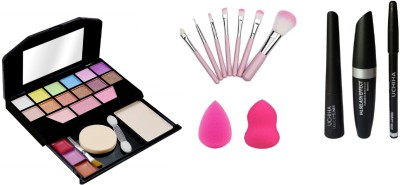 Uchiha Professional 5024 Makeup Kit, 7pc Pink Makeup Brush , 2 Blender Puff sponge & 3in1 Eyebrow Pencil, Eyeliner & Mascara set(Pack of 13)