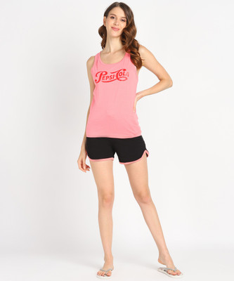 Rock Paper Scissors Women Printed Pink, Black Top & Shorts Set