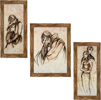 Indianara Set of 3 Boy and Girl Love Art Painting (3267WNT) without glass (6 X 13, 10.2 X 13, 6 X 13 INCH) Digital Reprint 13 inch x 10.2 inch Painting(With Frame, Pack of 3)