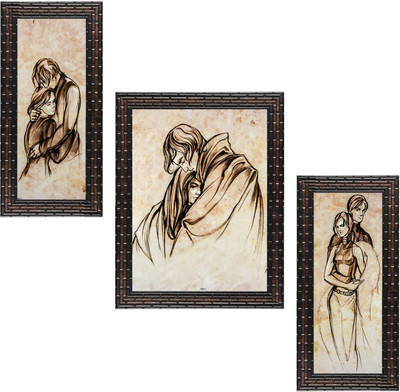Indianara Set of 3 Boy and Girl Love Art Painting (3267GB) without glass (6 X 13, 10.2 X 13, 6 X 13 INCH) Digital Reprint 13 inch x 10.2 inch Painting(With Frame, Pack of 3)
