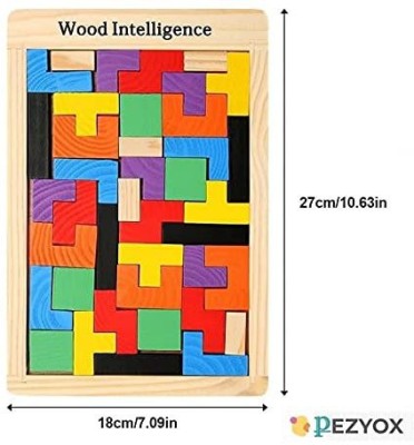 PEZYOX Wooden Blocks Puzzle Brain Teasers Toy Tangram Jigsaw Intelligence Colorful 3D Russian Blocks Game STEM Montessori Educational Gift for Kids (40 Pcs)(40 Pieces)