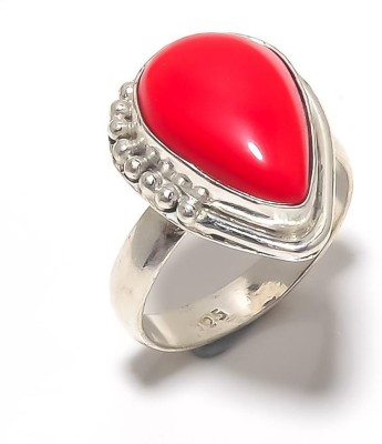 Krishnaimpex Red Coral Gemstone Handmade Ethnic Silver Plated Jewelry Ring Size 7.5 Metal Coral Silver Plated Ring