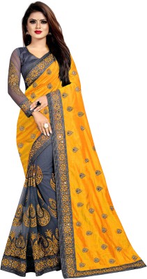 G JELLY FASHION TREE Embroidered Bollywood Silk Blend, Supernet Saree(Mustard)