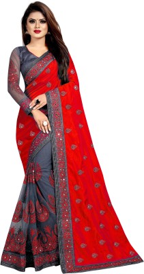 Qyra Embroidered Bollywood Net, Art Silk Saree(Red)