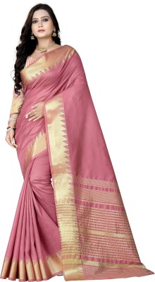 DHEEMAHI ENTERPRISE Striped, Solid/Plain Assam Silk Silk Blend, Cotton Blend Saree(Pink, Yellow)