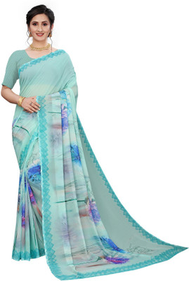 Fevinaa Digital Print, Floral Print Daily Wear Georgette Saree(Light Blue)