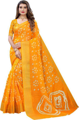 MAIMOON CREATION Printed Bandhani Cotton Blend Saree(Yellow)