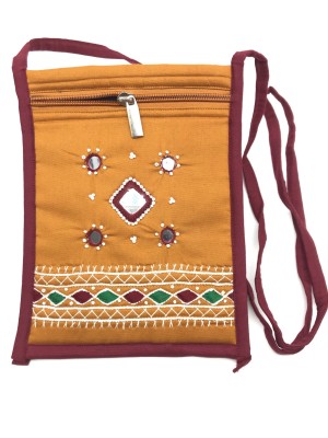 SriShopify Handicrafts Gold Sling Bag Small Canvas Messenger Crossbody Bag | Wristlet Bag with Stylish Design for Women Stylish Mobile purse Sling bag Gold Original Mirror Work
