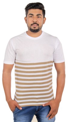 f Gallery Striped, Solid Men Round Neck White, Brown T-Shirt