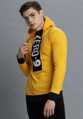 LEWEL Printed Men Hooded Neck Black, Yellow T-Shirt