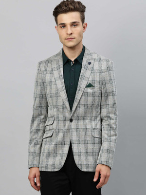 Rare Rabbit Checkered Single Breasted Casual Men Blazer(Grey)