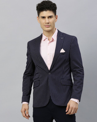 Rare Rabbit Checkered Single Breasted Casual Men Blazer(Dark Blue)